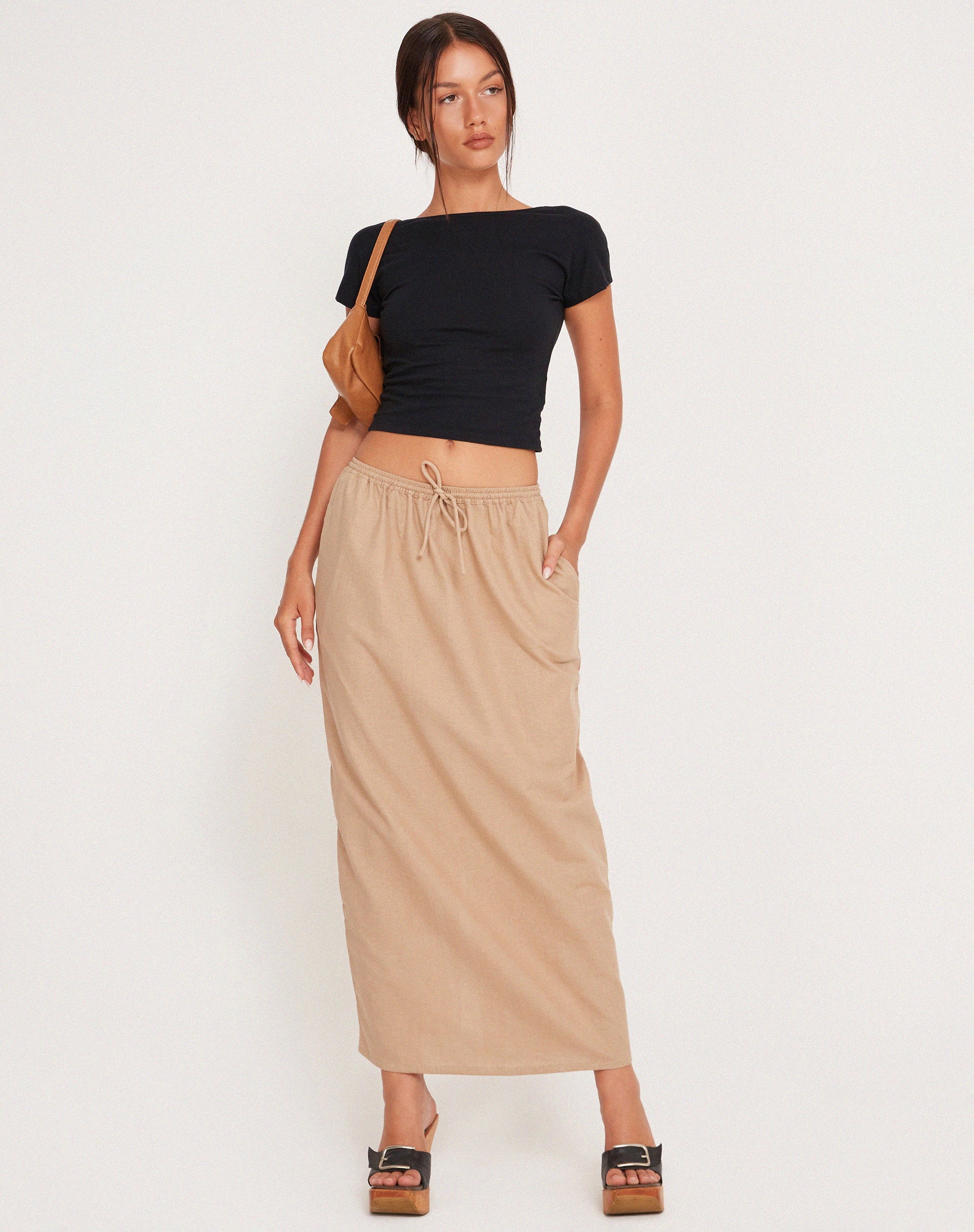 MOTEL X JACQUIE Joelene Tie Waist Maxi Skirt in Light Taupe - Awmao