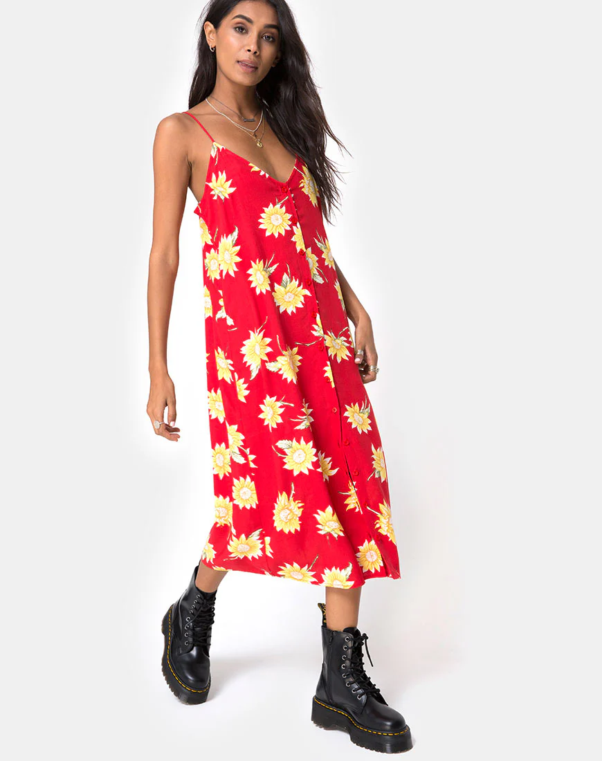 Sini Slip Midi Dress in Sunny Days Red - Awmao