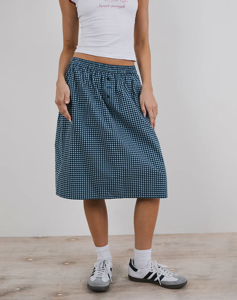 Sanjina Midi Skirt in Mini Dark Blue Gingham - Awmao