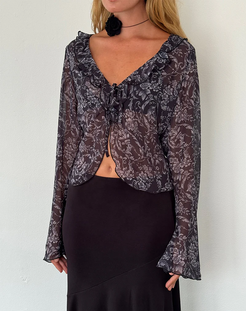 Lakota Cardigan in Black Baroque Print - Awmao