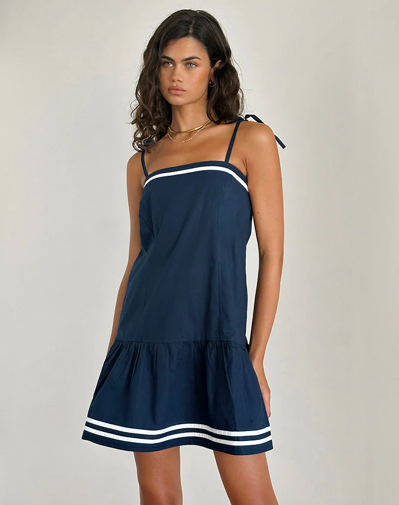 Rodha Cami Mini Dress in Poplin Navy - Awmao