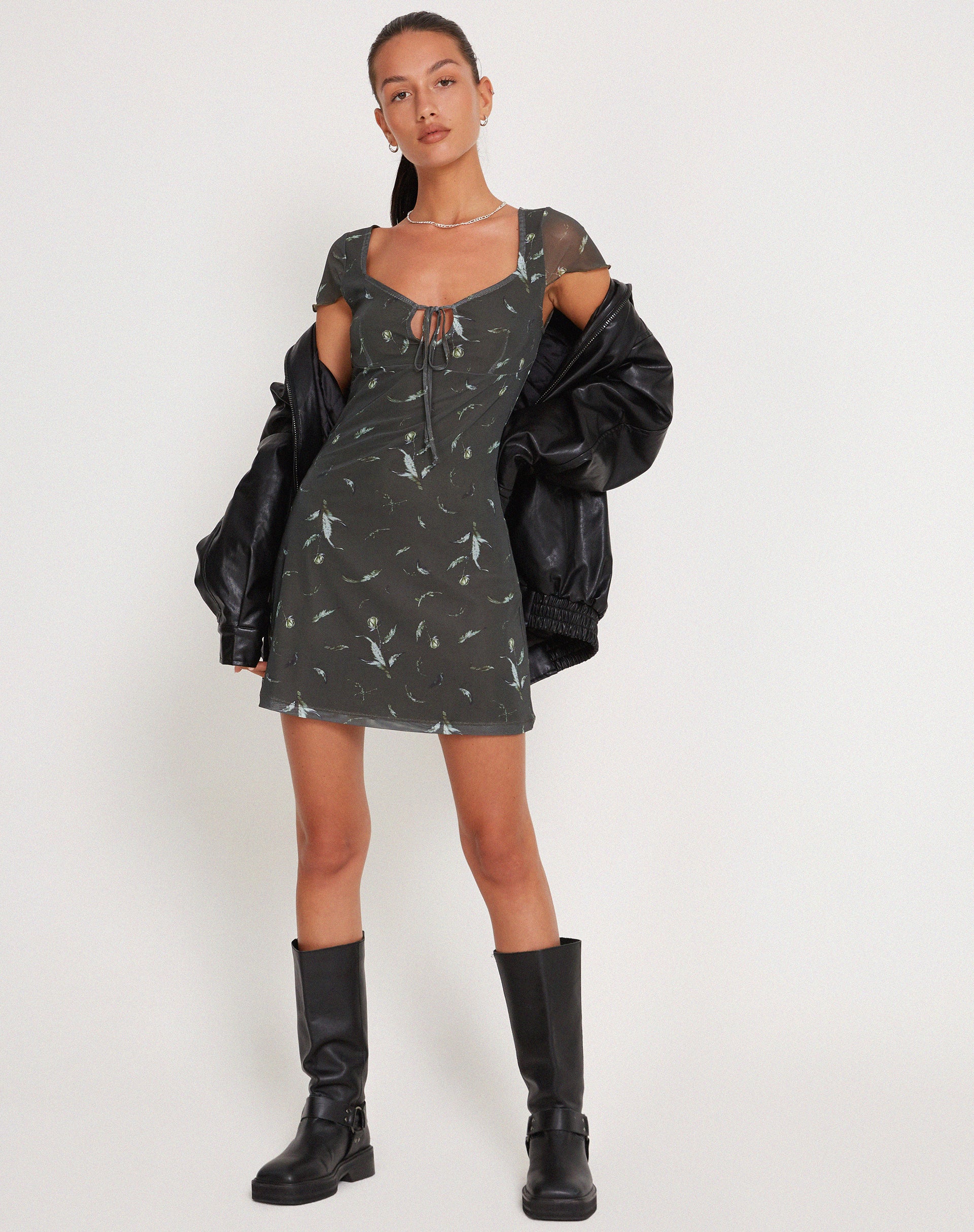 Noura Mesh Mini Dress in Floral Khaki Silhouette - Awmao