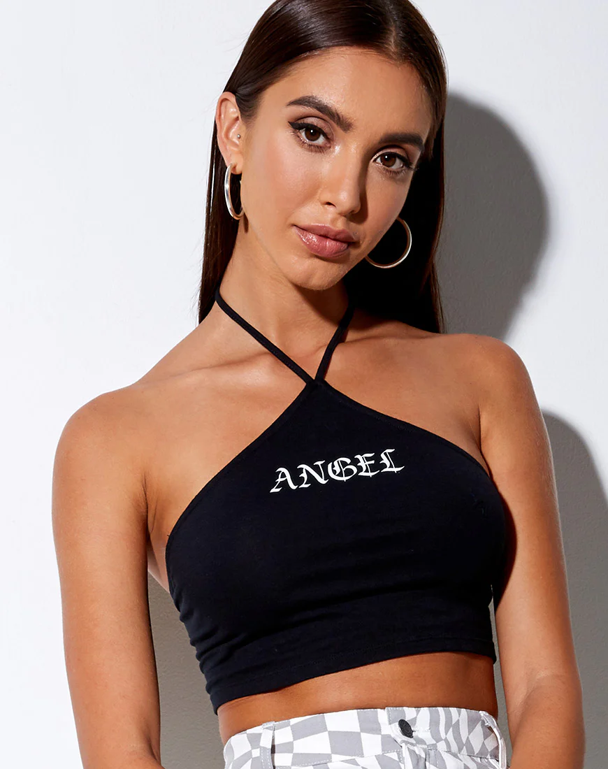 April Crop Top in Black 'Angel' in White - Awmao