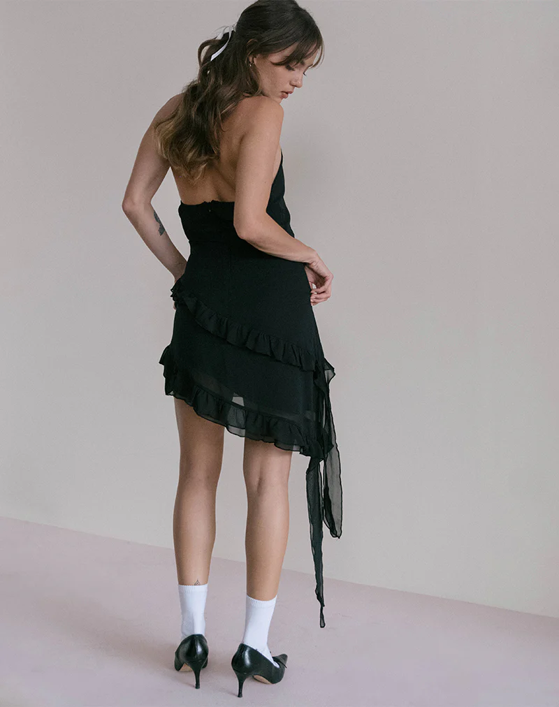 Margaret Ruffle Mini Dress in Black Chiffon with Rosette - Awmao