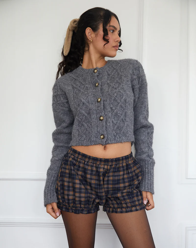 Picu Frill Hem Shorts in Navy and Mustard Check - Awmao