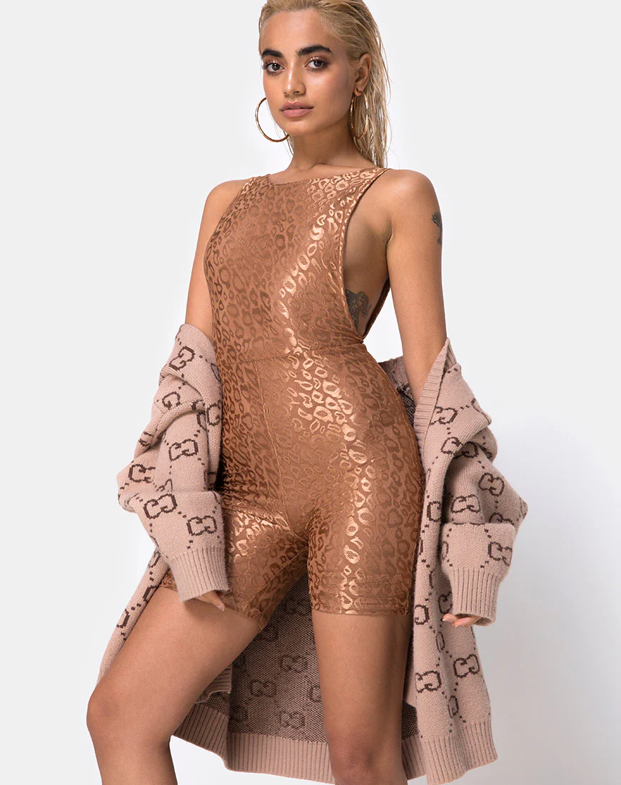 Acro Unitard in Leopard Sheen Net Caramel - Awmao
