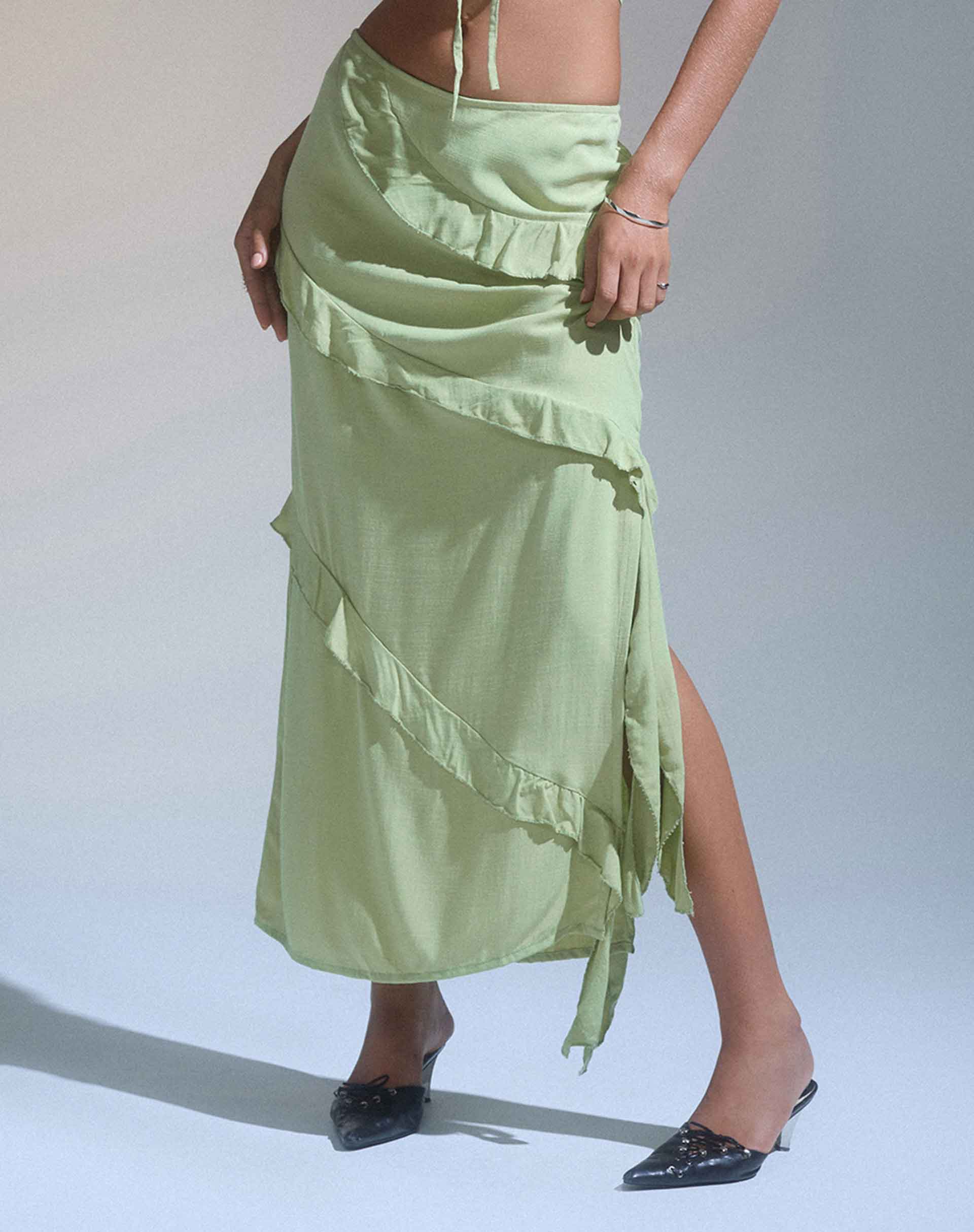 Varena Low Rise Ruffle Maxi Skirt in Mint Sage - Awmao