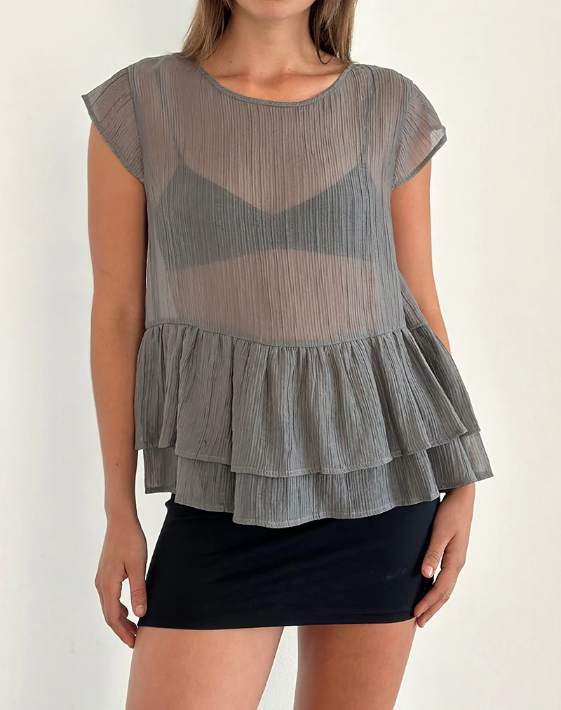 Mayumi Peplum Top in Chiffon Grey - Awmao