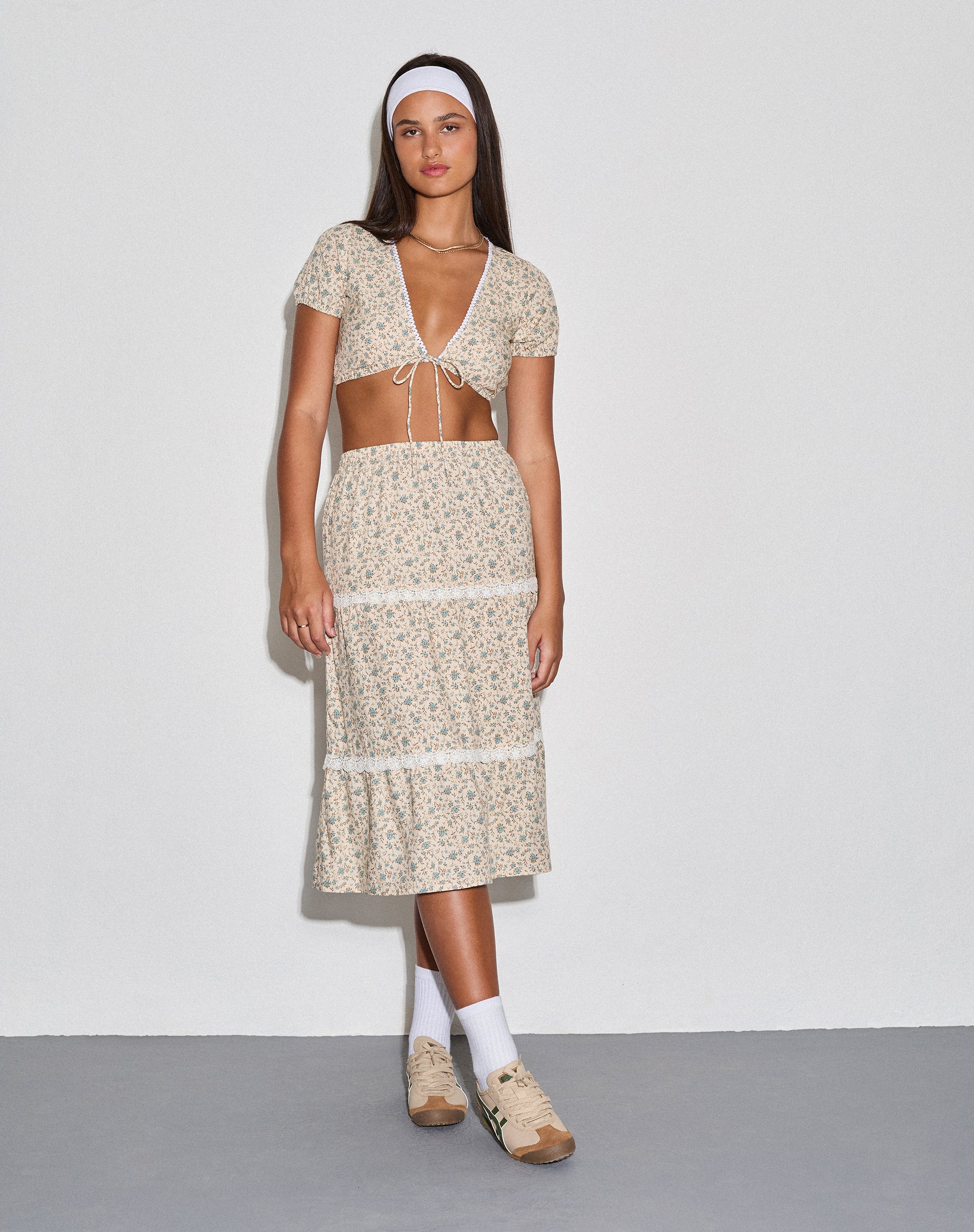 Maxce Low Rise Midi Skirt in Antique Blue and Ivory Floral - Awmao