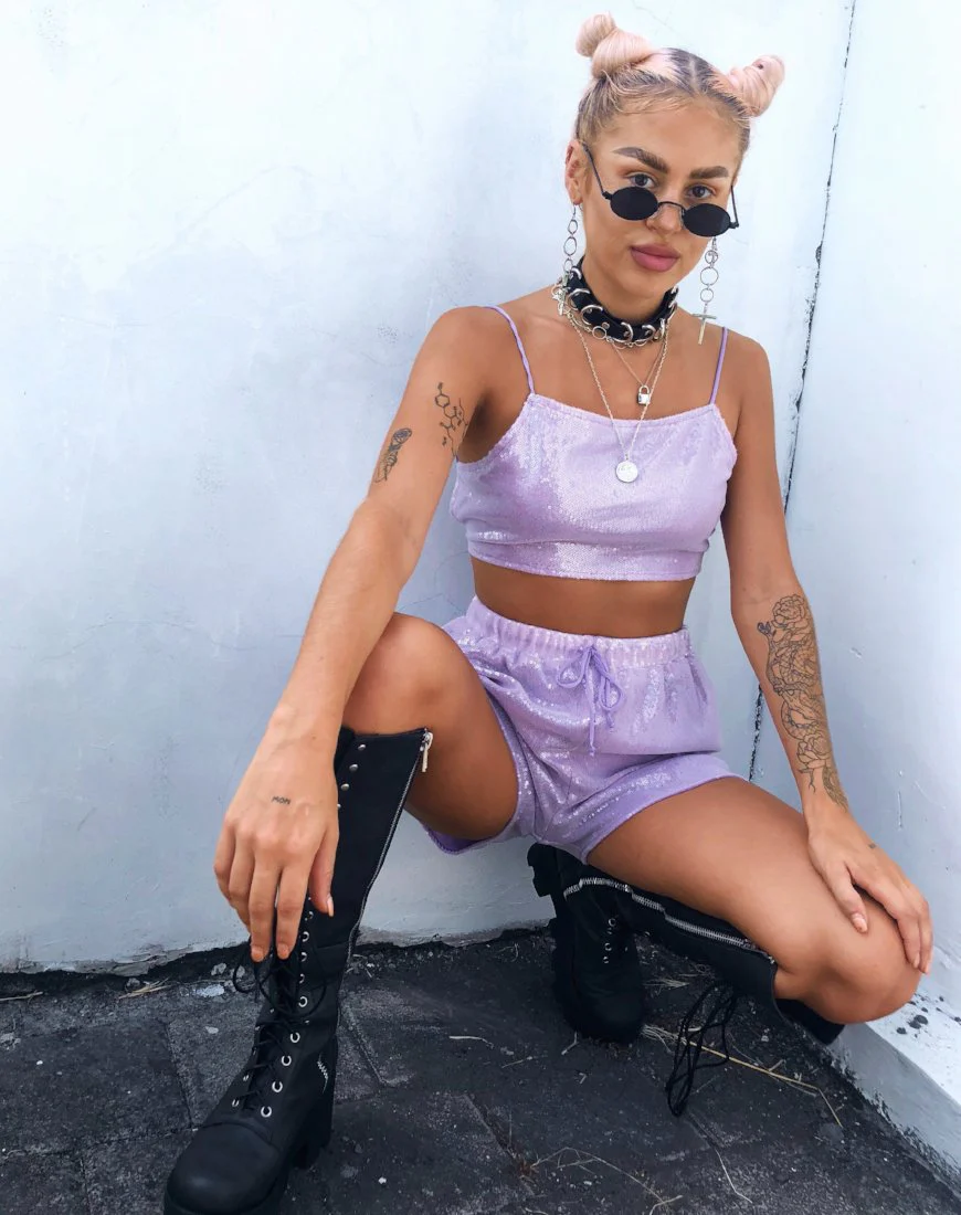 Sasha Crop Top in Matte Mini Sequin Lilac - Awmao