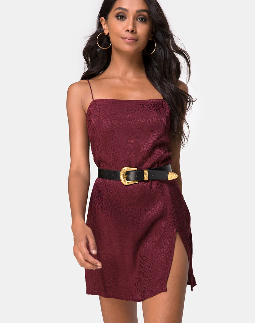 Datista Slip Dress in Satin Cheetah Burgundy - Awmao