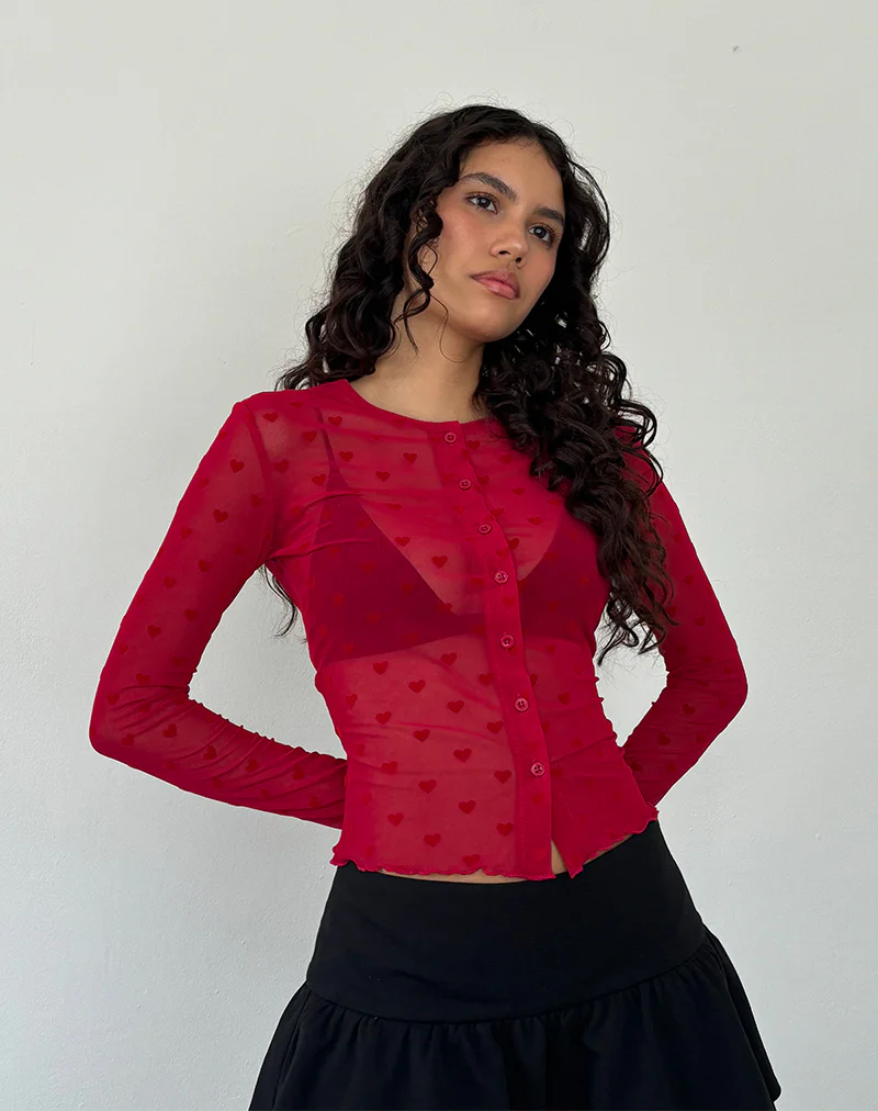 Kahula Shirt in Red Heart Flocked Mesh - Awmao