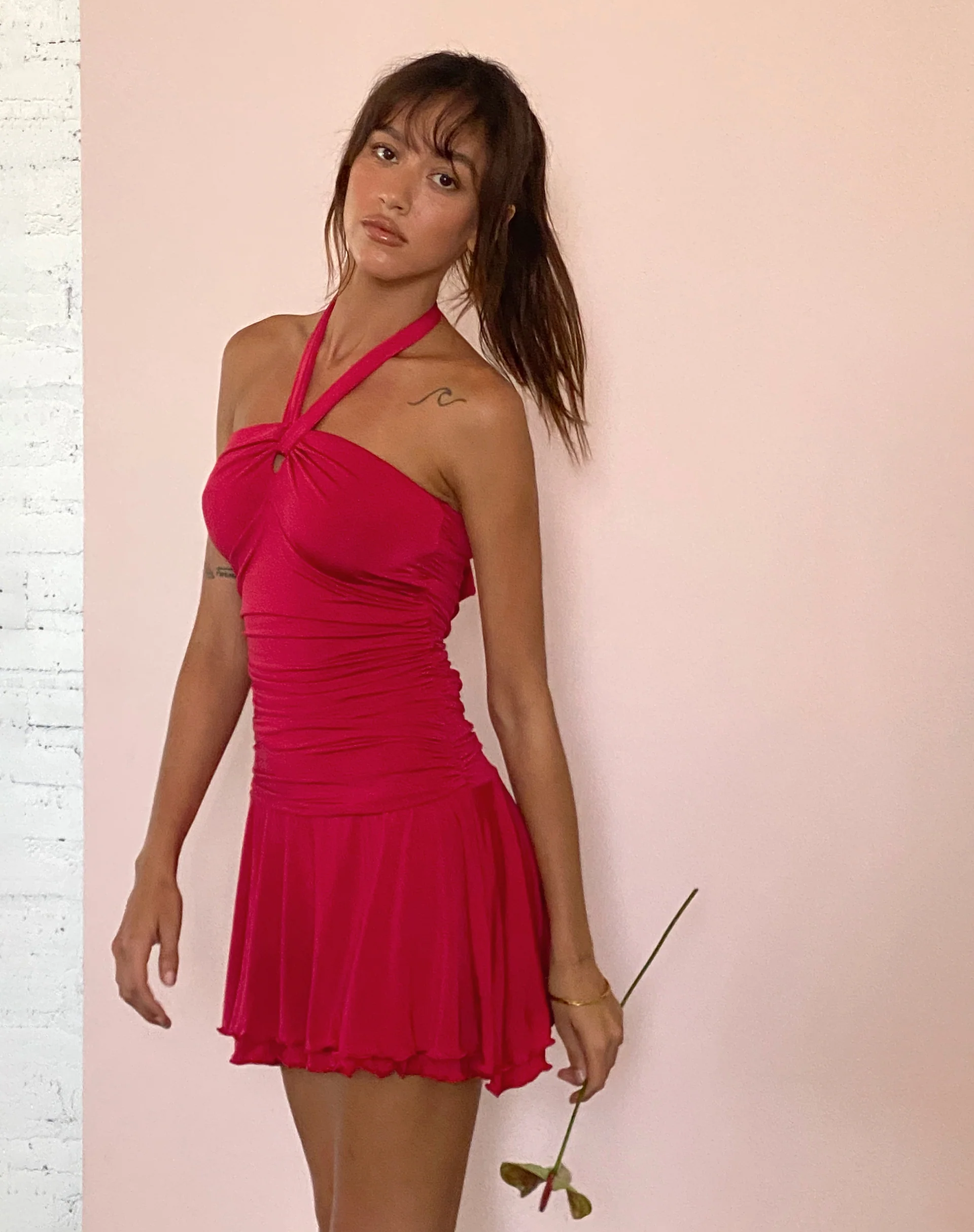Bibi Bandeau Halterneck Mini Dress in Red - Awmao