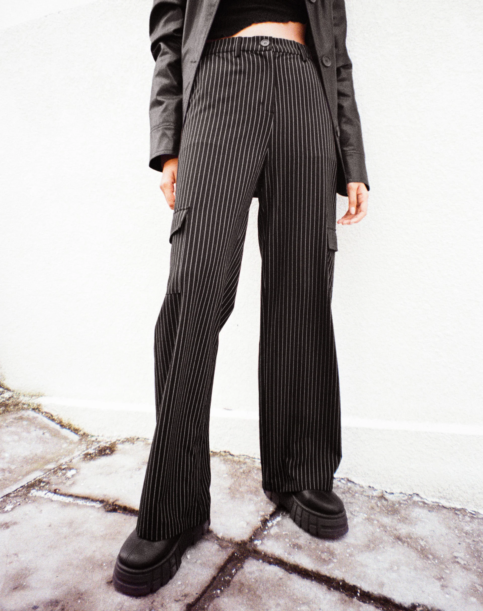 Abba Cargo Trouser in Pinstripe Black - Awmao