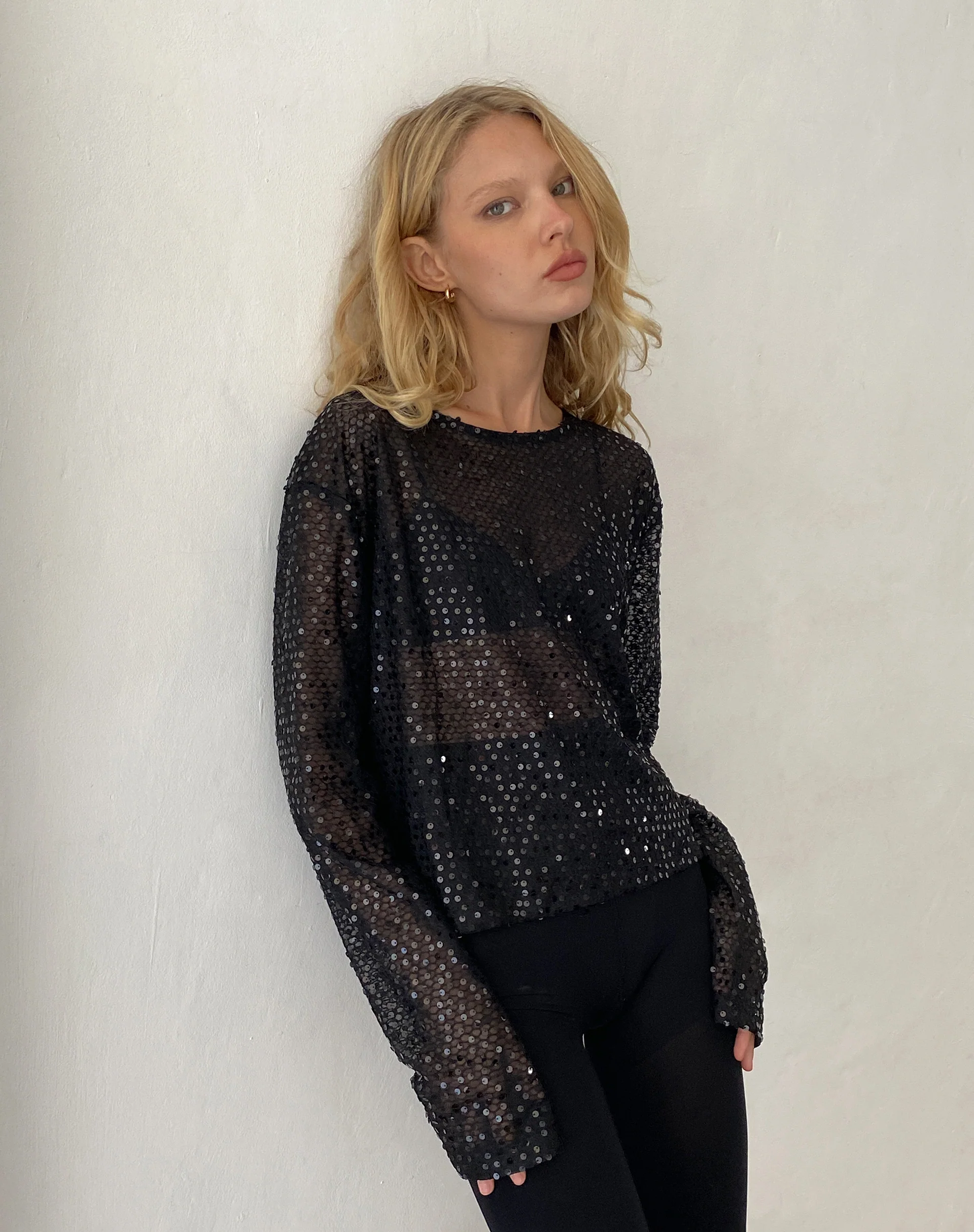 Aridani Unlined Long Sleeve Top in Black Sequin - Awmao