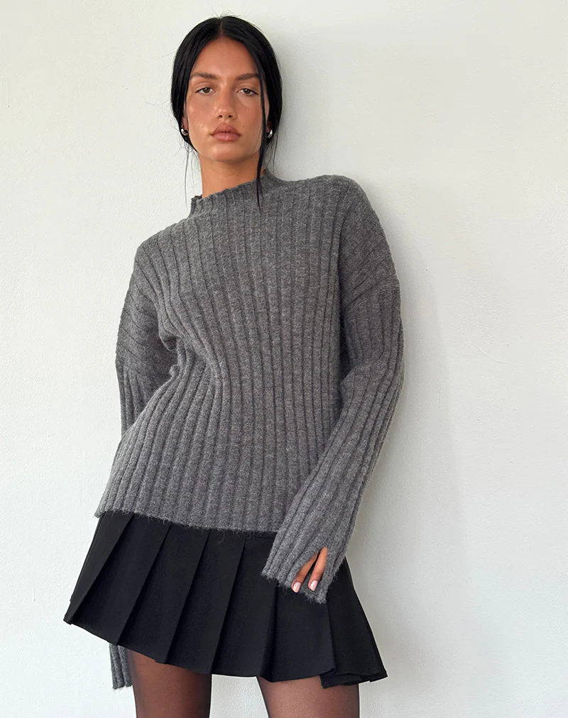 Judah Oversized Chunky Rib Knit Jumper in Charcoal - Awmao