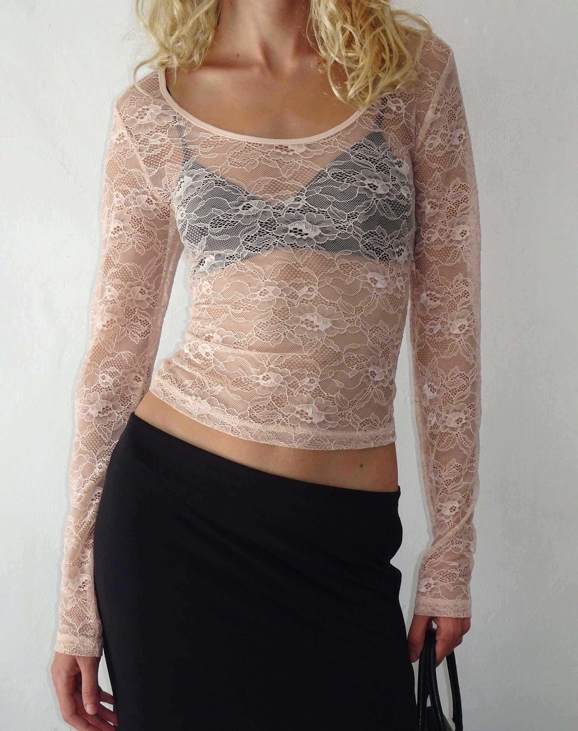 Lainey Long Sleeve Lace Top in Blush - Awmao