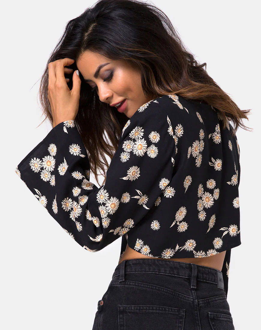 Laya Wrap Top in Grunge Daisy Floral - Awmao