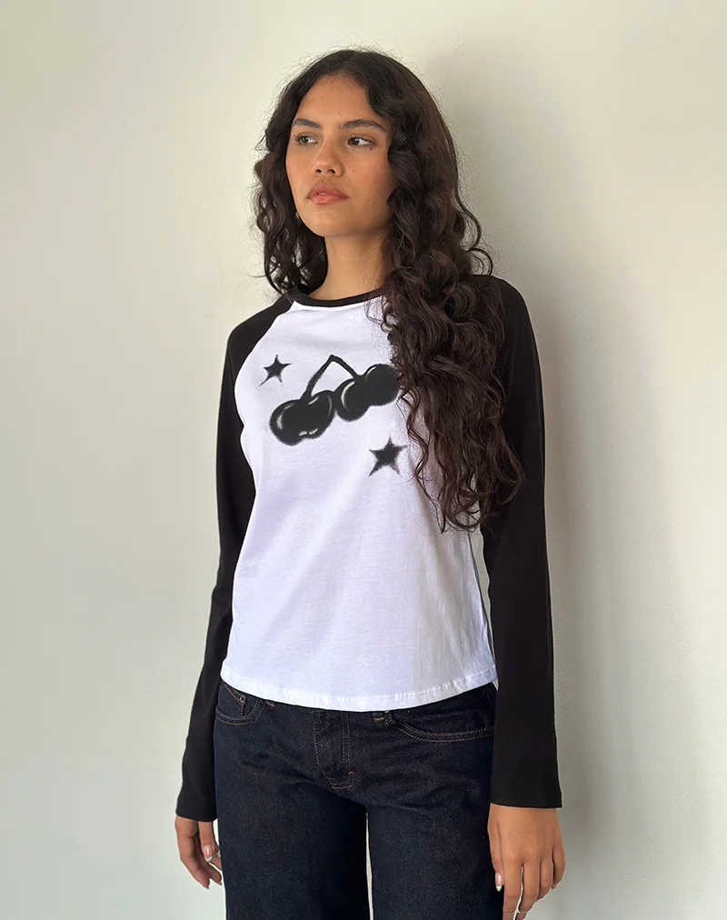 Kyiato Top in White and Black Cherry Print - Awmao