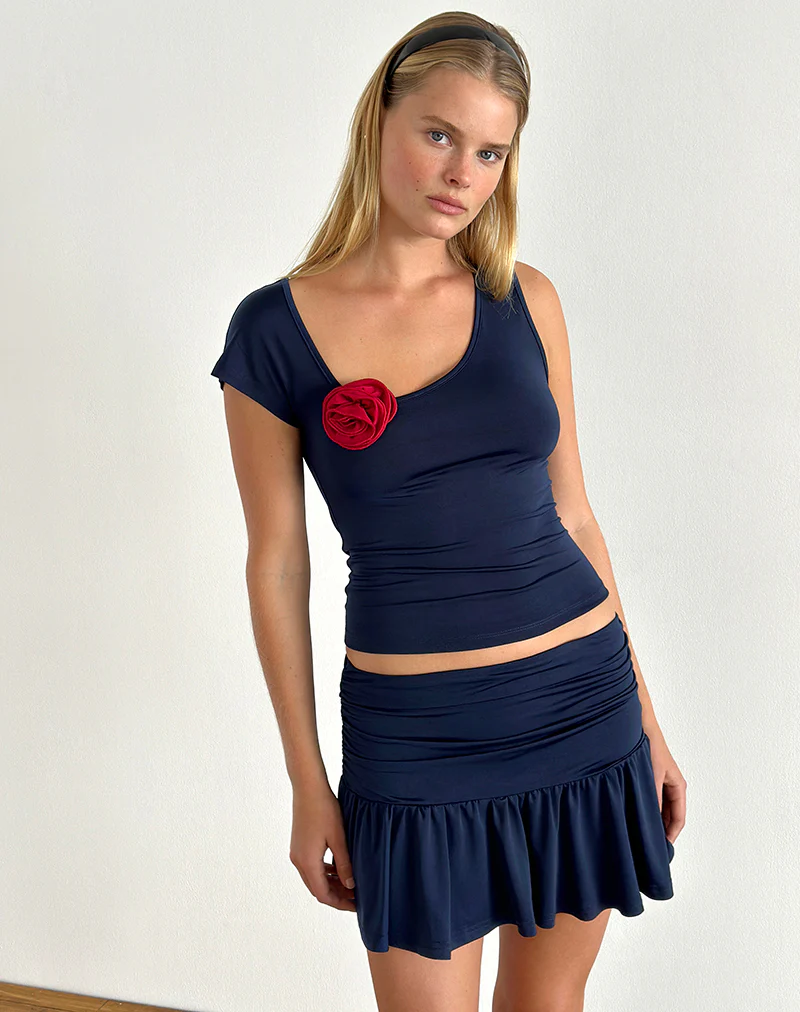 Rayla Top in Lycra Dark Navy with Red Rosette - Awmao