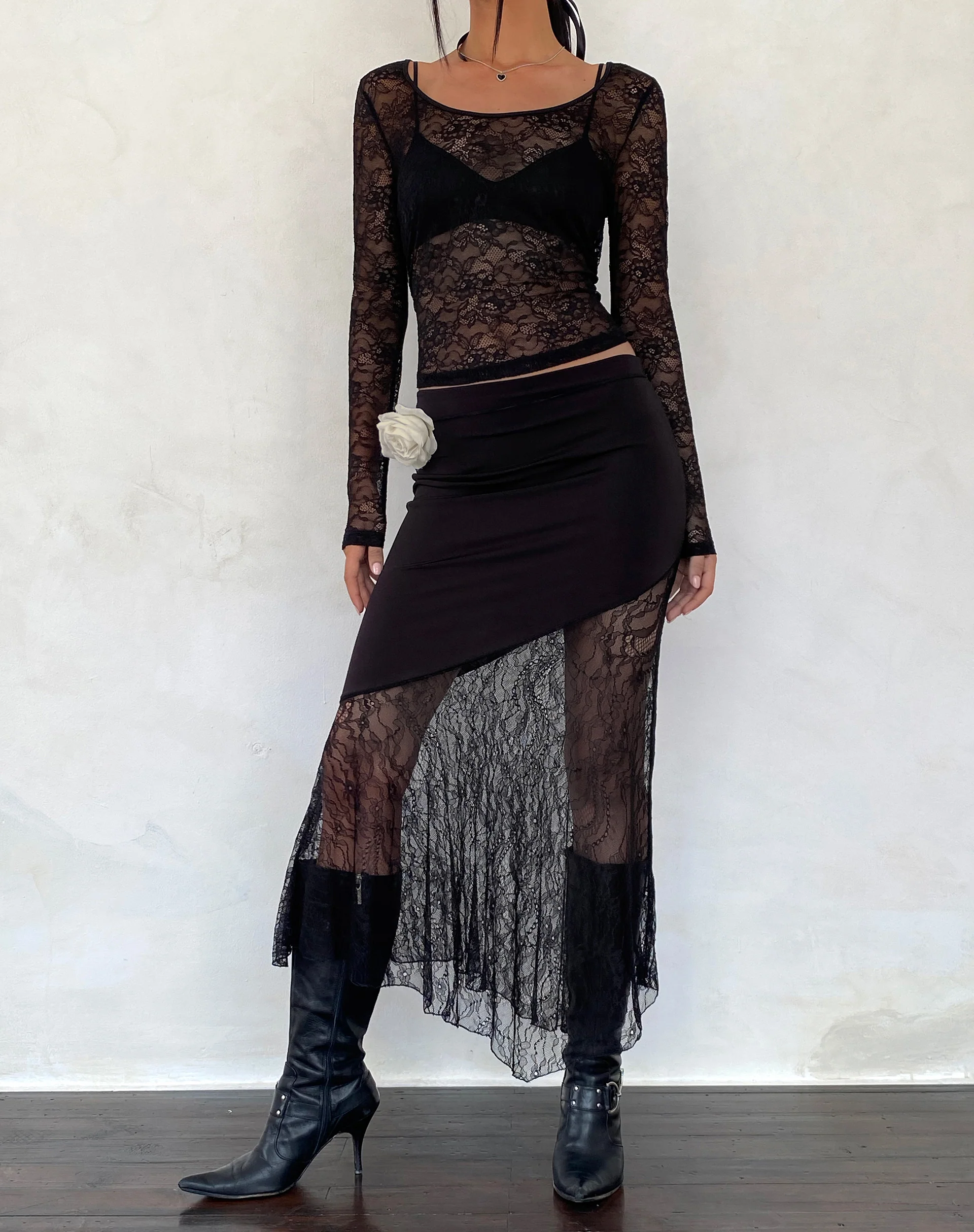 Seraphina Asymmetric Lace Hem Maxi Skirt in Black - Awmao