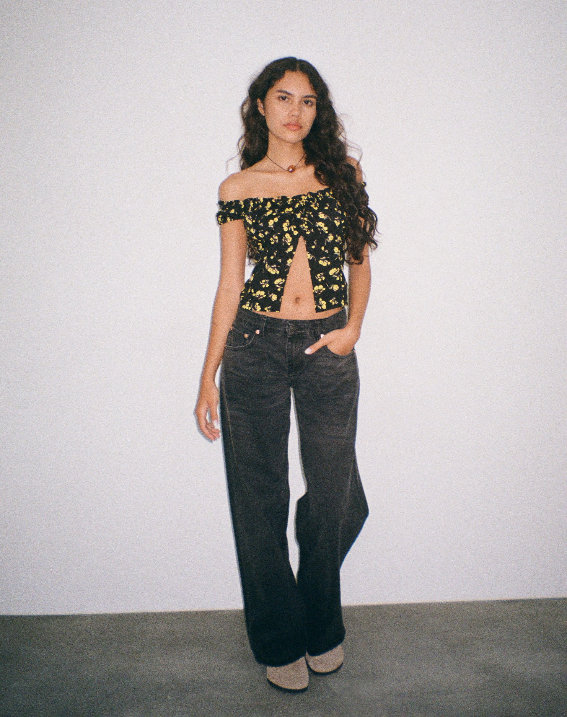 Citra Bardot Frill Top in Buttercup Black Yellow - Awmao