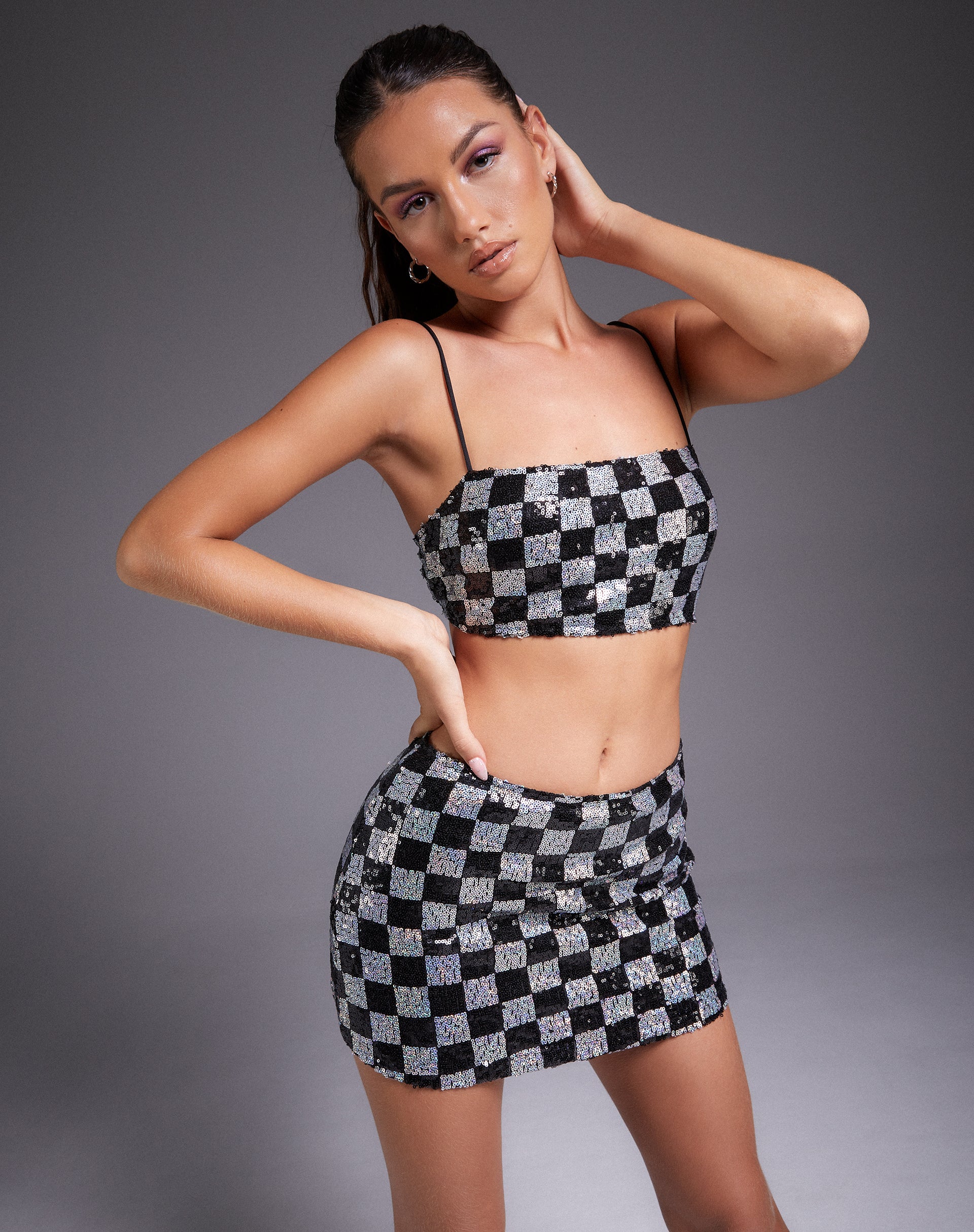 Keyan Tube Top in Checkerboard Sequin Black and Silver - Awmao