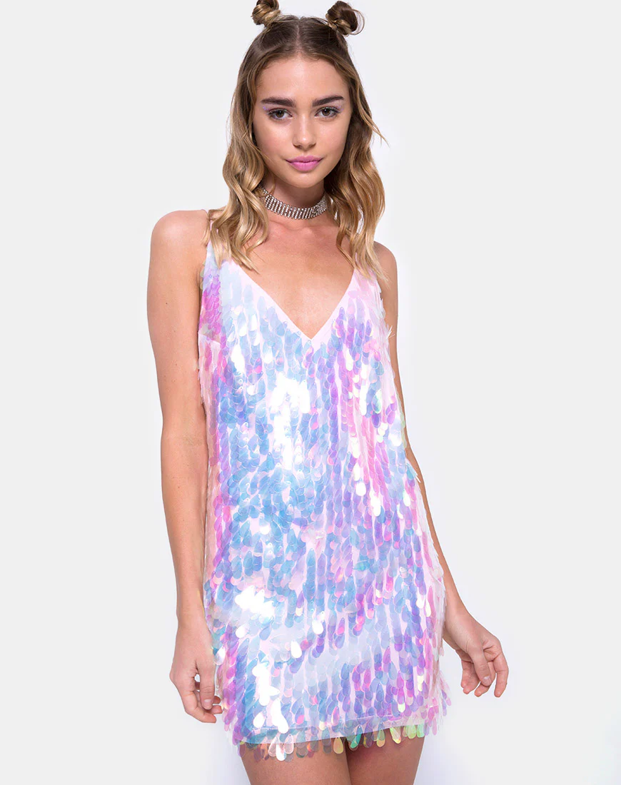 Luna Slip Dress in Opal Unicorn Sequin Pink - Awmao