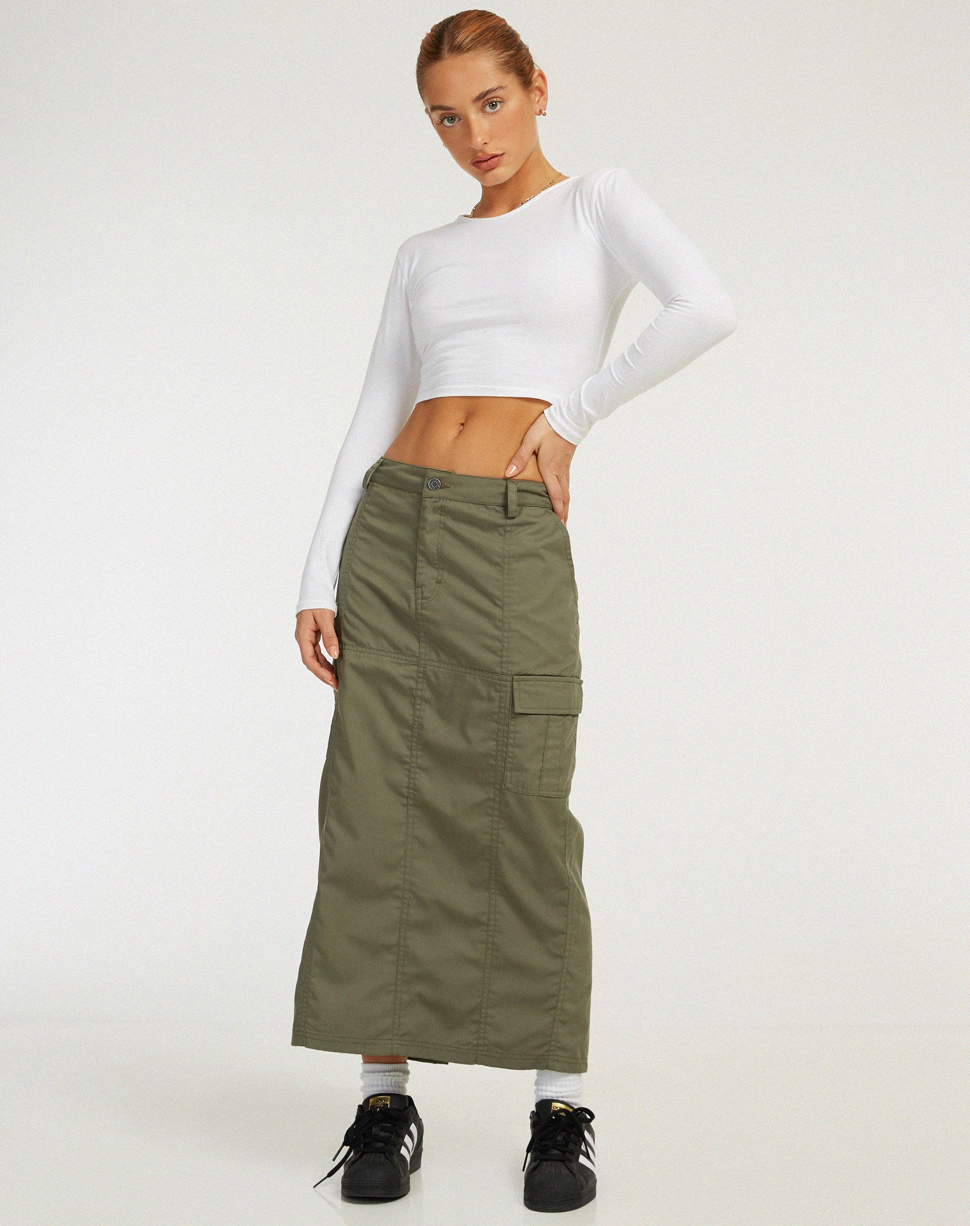 Widya Cargo Midi Skirt in Dark Olive - Awmao