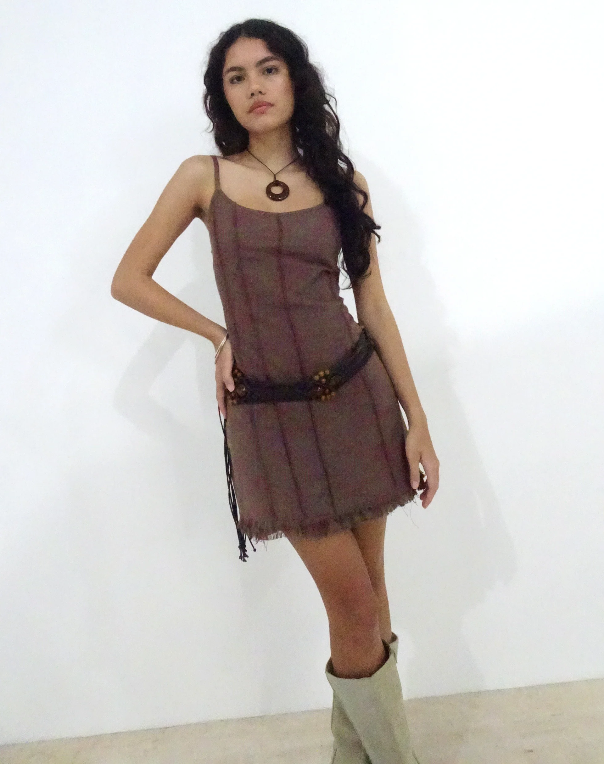 Kaneisa Pintuck Mini Slip Dress in Deep Taupe - Awmao