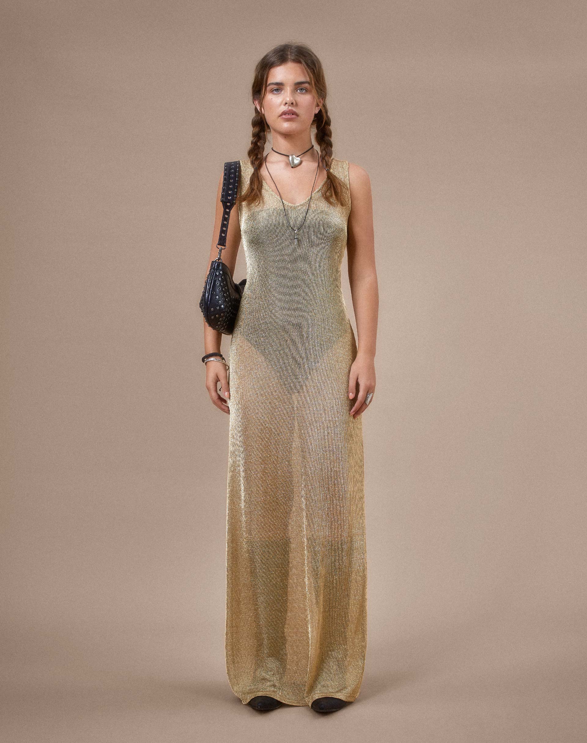 Morticia Maxi Dress in Chain Knit Gold - Awmao