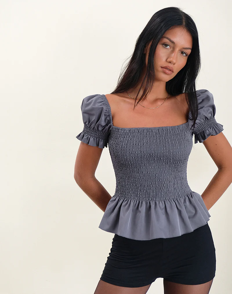 Notina Puff Sleeve Top in Shirred Grey - Awmao
