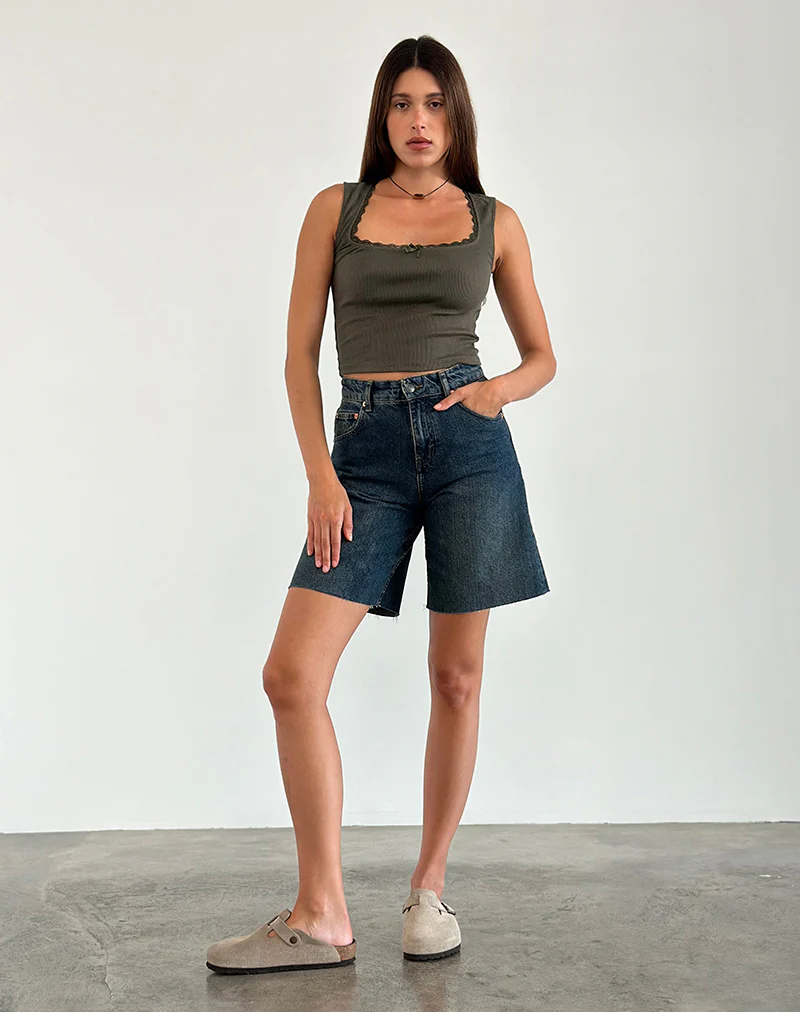 Jinila Top in Olive with Lace Trim and Bow - Awmao