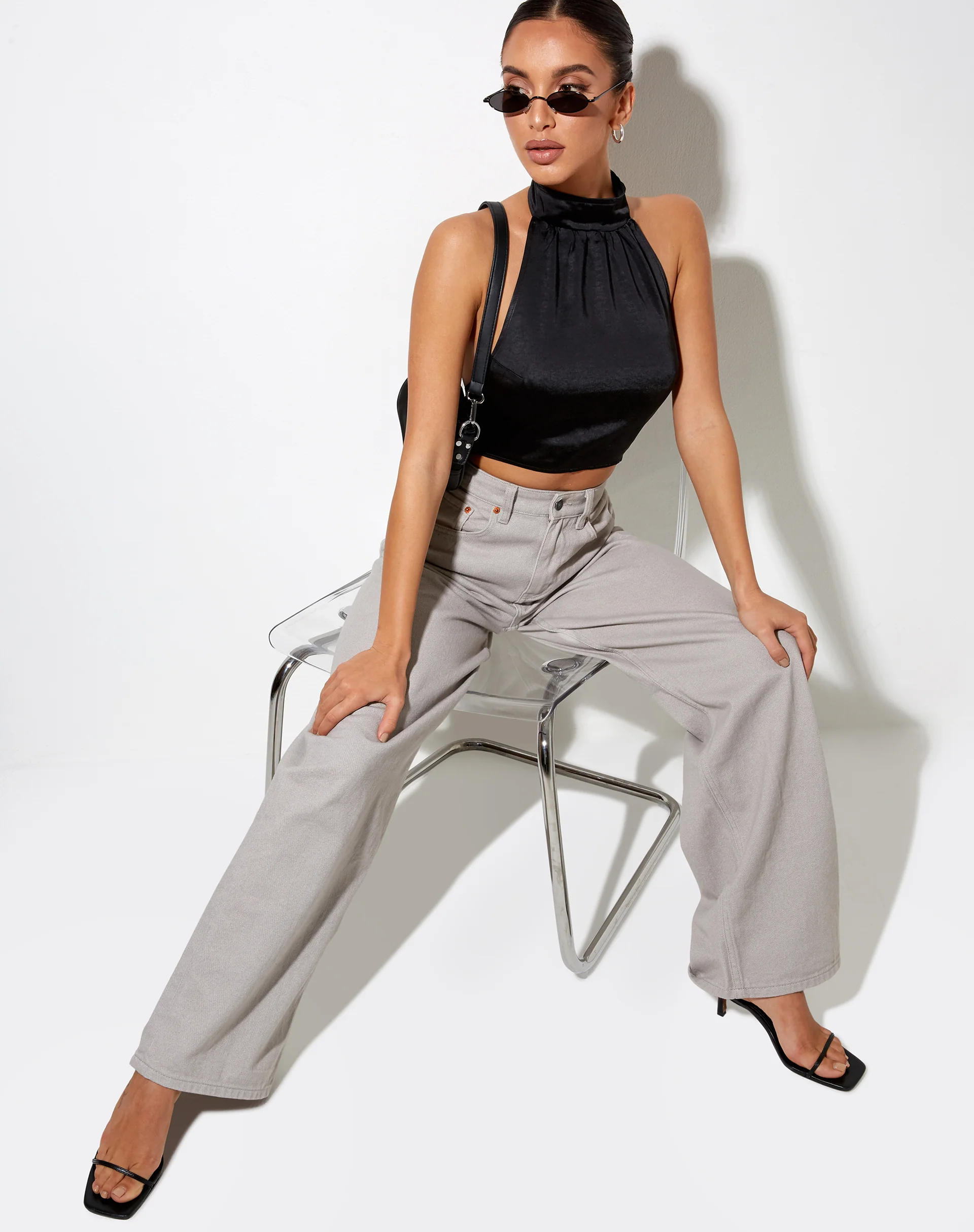 Noela Crop Top in Satin Black - Awmao