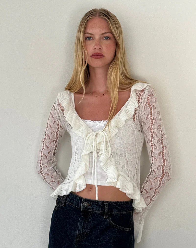 Kenira Cardigan in Pointelle Knit Birch Cream - Awmao