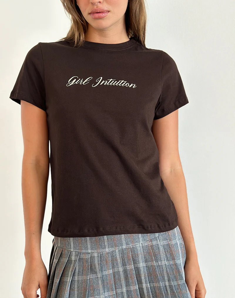 Saki Tee in Chocolate Brown with Girl Intuition Print - Awmao