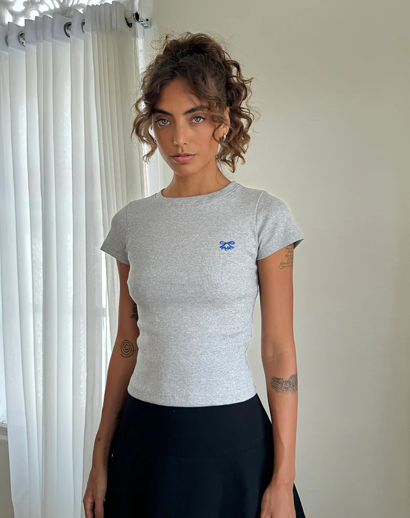 Suti Tee in Grey Marl with Cobalt Blue Bow Embroidery - Awmao