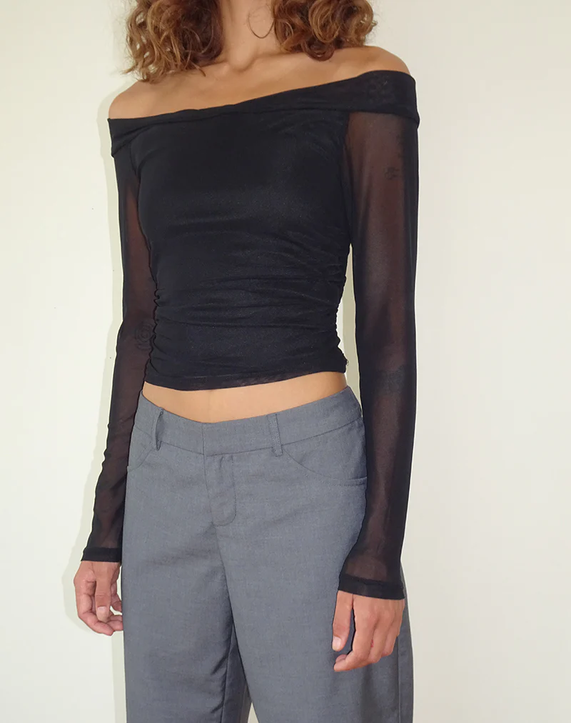 Nauri Long Sleeve Bardot Top in Mesh Black - Awmao