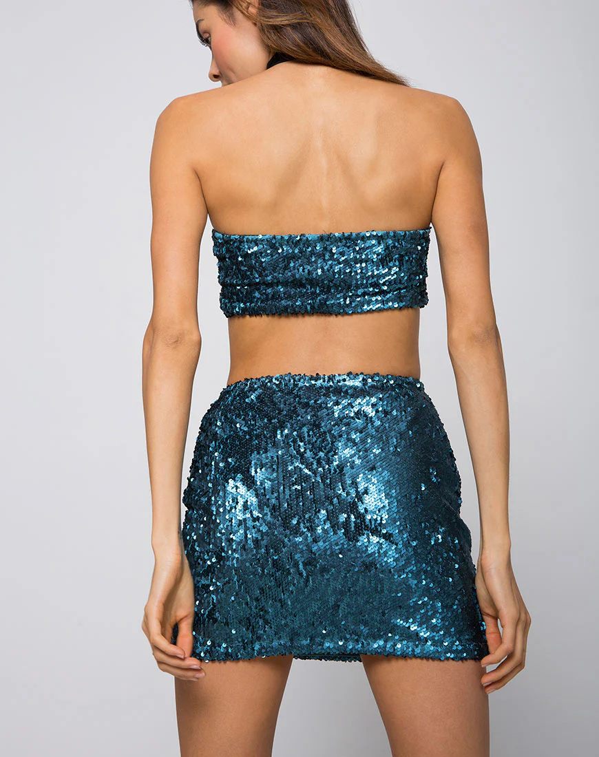 Cherry Tube Skirt in Mini Sequin Teal - Awmao