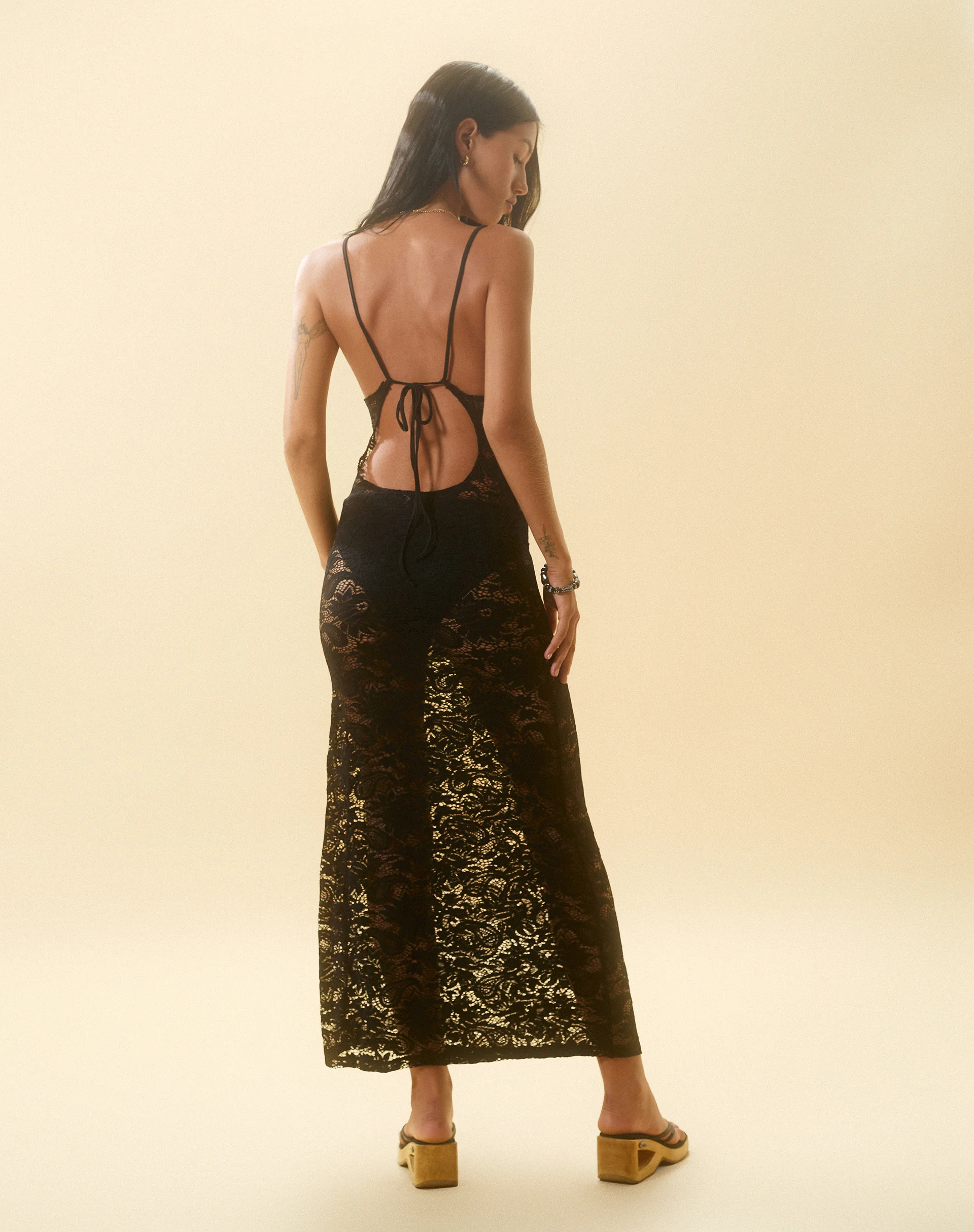 Daudy Tie Back Lace Maxi Dress in Jet Black Lace - Awmao