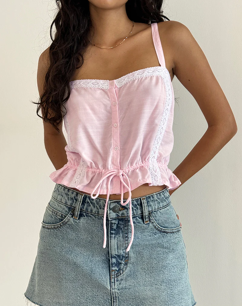 Zaria Tie Front Top in Light Pink with White Trim - Awmao