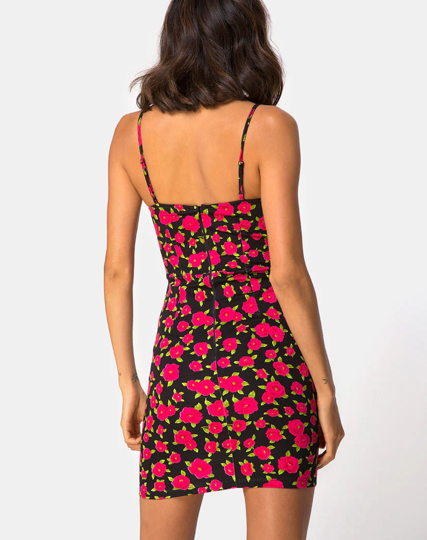 Boco Bodycon Dress in Red Bloom - Awmao