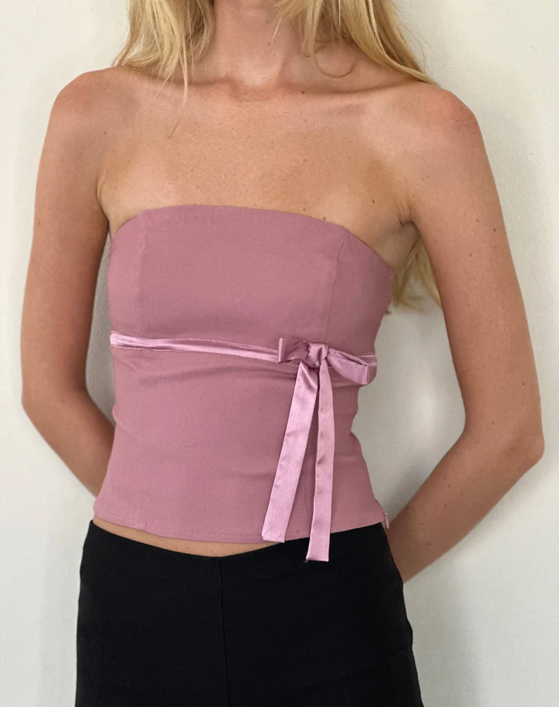 Novita Bow Detail Bandeau Top in Tailoring Dusky Pink - Awmao