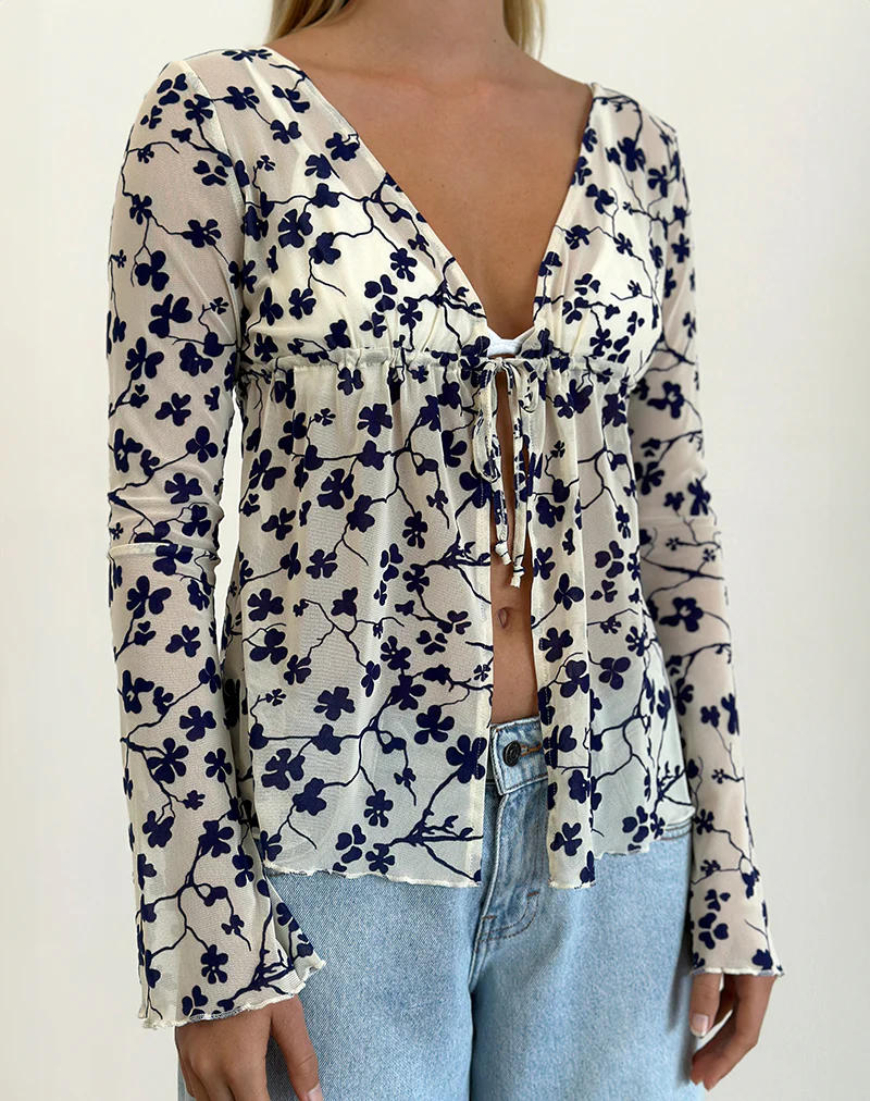 Gerbera Long Sleeve Top in Grunge Floral Flock Cream - Awmao