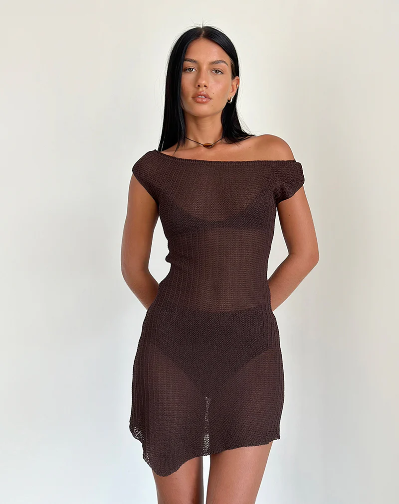 Susannah Dress in Wide Rib Knit Brown - Awmao