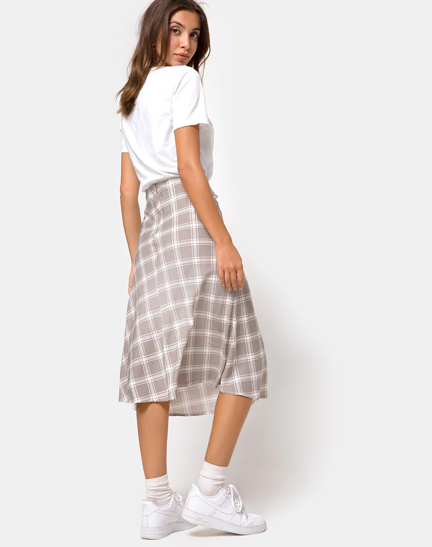 Tauri Midi Skirt in Grunge Check Taupe - Awmao