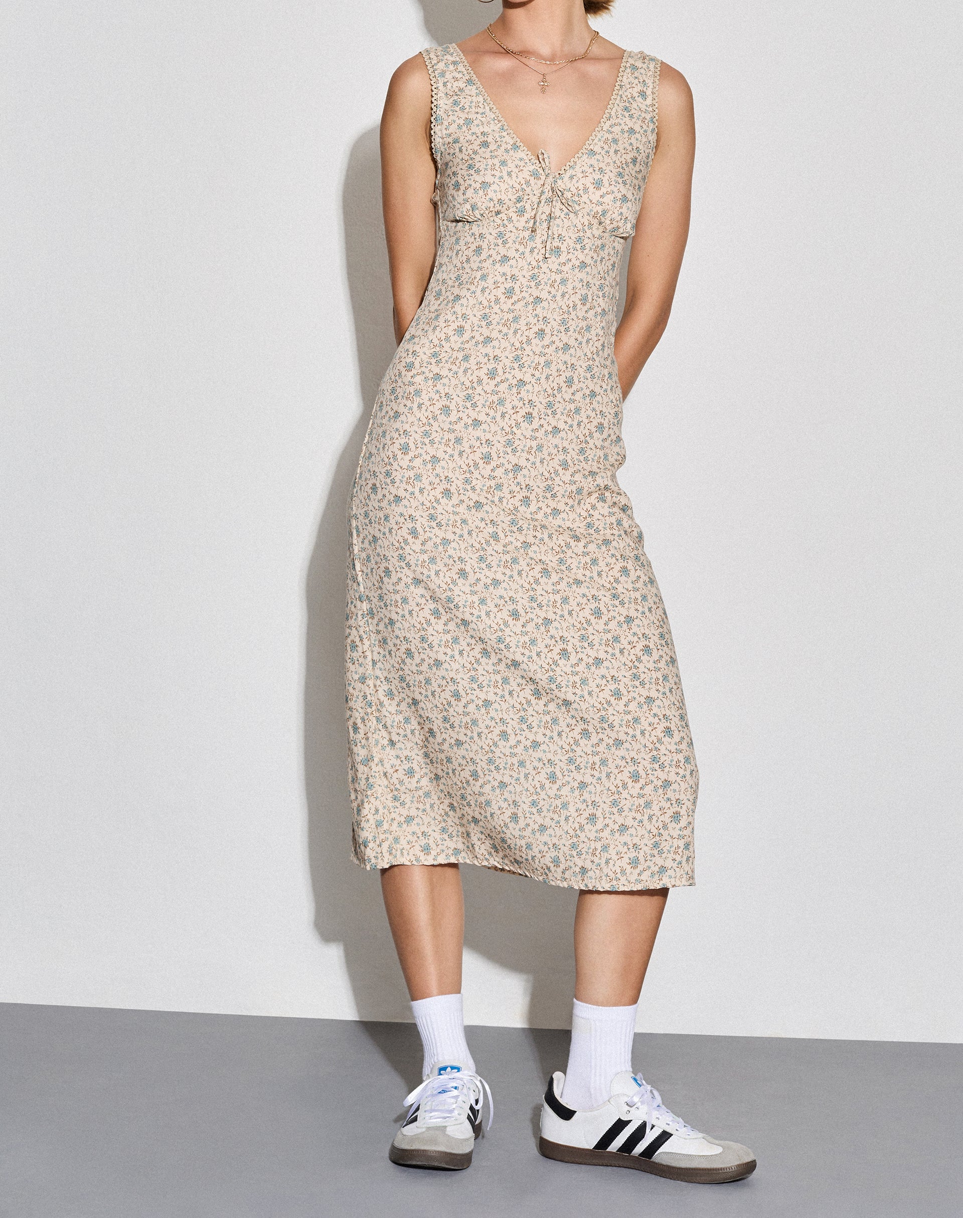 Lavisha Midi Dress in Antique Blue and Ivory Floral - Awmao