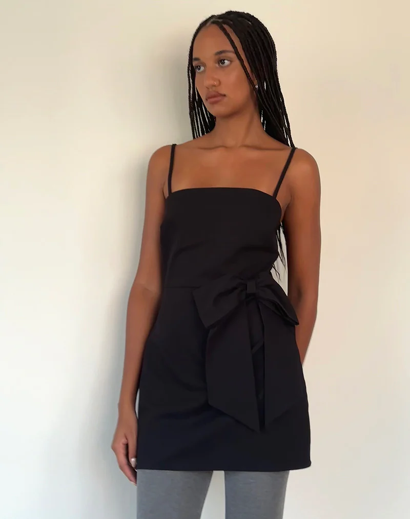 Lacerta Bow Mini Dress in Tailoring Black - Awmao