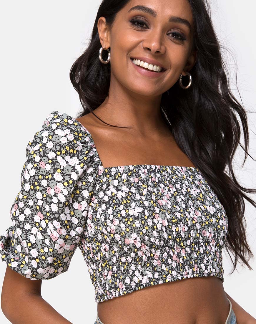 Lilian Crop Top in Floral Field Olive - Awmao