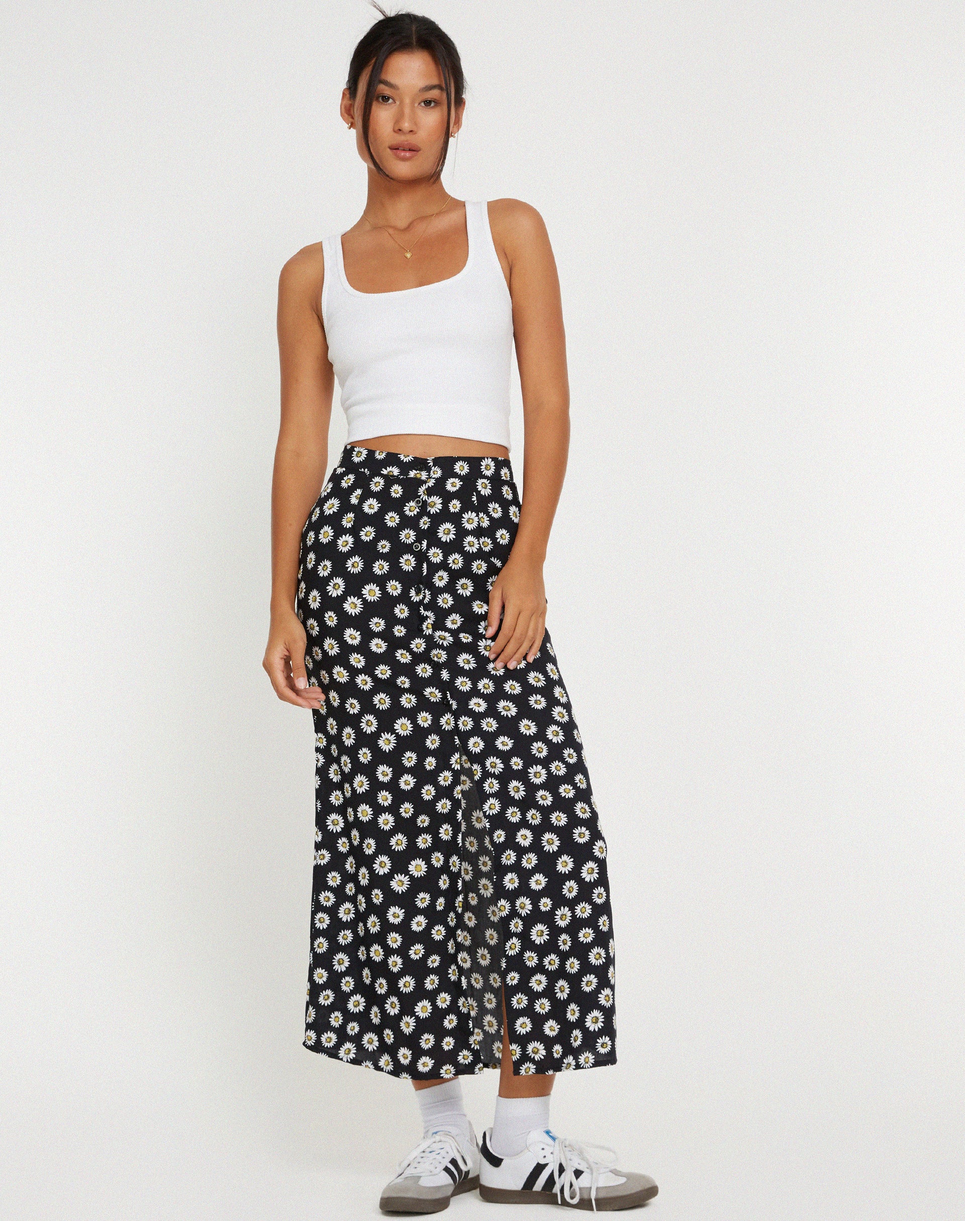 Rima Midi Skirt in Grunge Daisy Black - Awmao